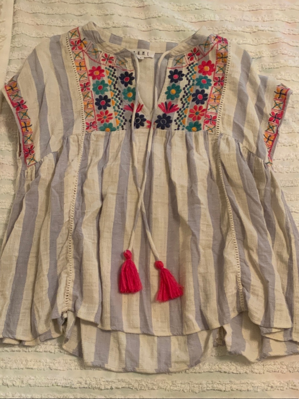 THML Striped Embroidered Peasant Blouse with Hot Pink Tassels